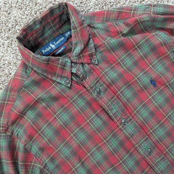 Ralph Lauren Custom Fit Plaid Flannel Shirt Mens Medium Red Green Brushed Cotton - Picture 1 of 5